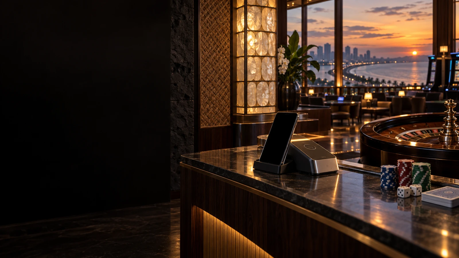 GCash payment scene in an unbranded casino with subtle Philippines architectural and landscape cues.