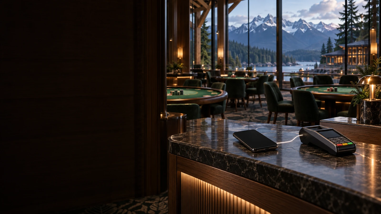 Interac e-Transfer payment scene in an unbranded casino with subtle Canada architectural and landscape cues.