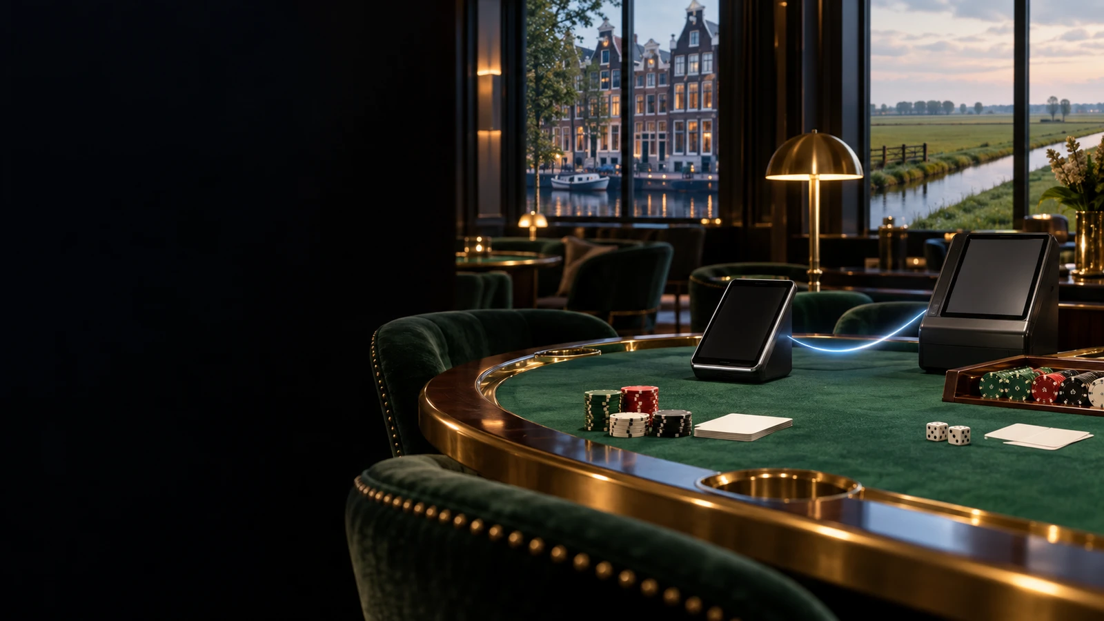 iDEAL payment scene in an unbranded casino with subtle Netherlands architectural and landscape cues.