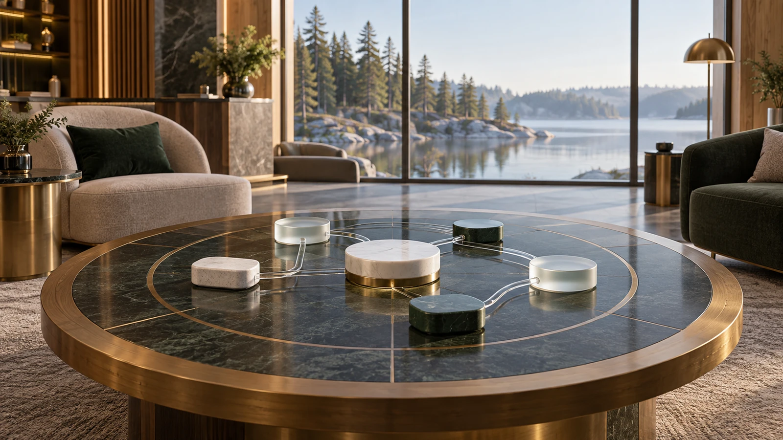 Interac payment flow in a casino setting with subtle Canada architectural and landscape cues.