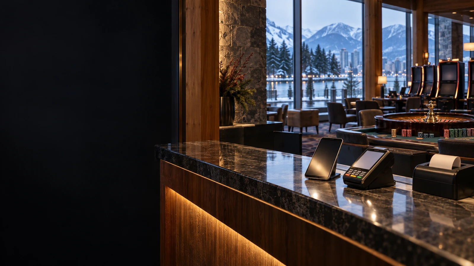 Interac e-Transfer payment moment at a casino cashier in Canada with West Coast mountains and Canadian urban architecture.