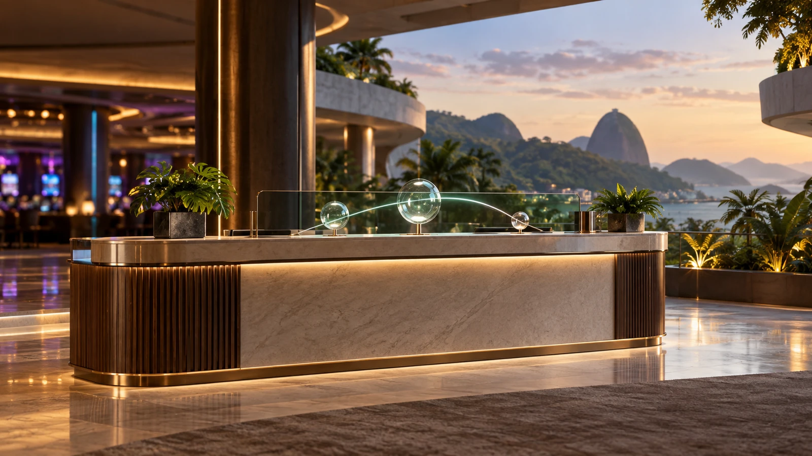 Pix payment flow in a casino setting with subtle Brazil architectural and landscape cues.
