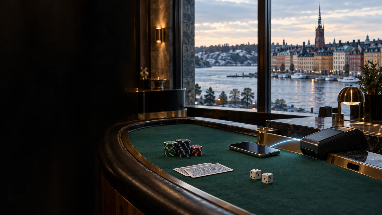 Swish payment scene in an unbranded casino with subtle Sweden architectural and landscape cues.
