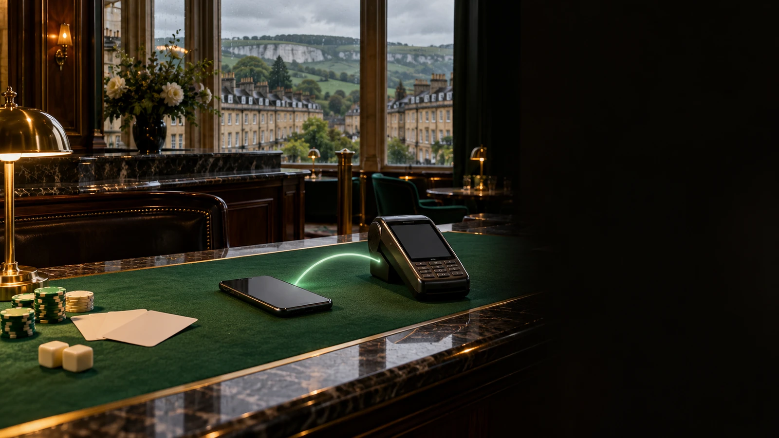 Pay by Bank payment scene in an unbranded casino with subtle United Kingdom architectural and landscape cues.