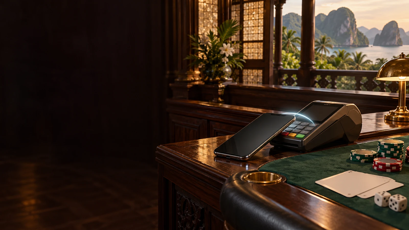 GCash payment scene in an unbranded casino with subtle Philippines architectural and landscape cues.