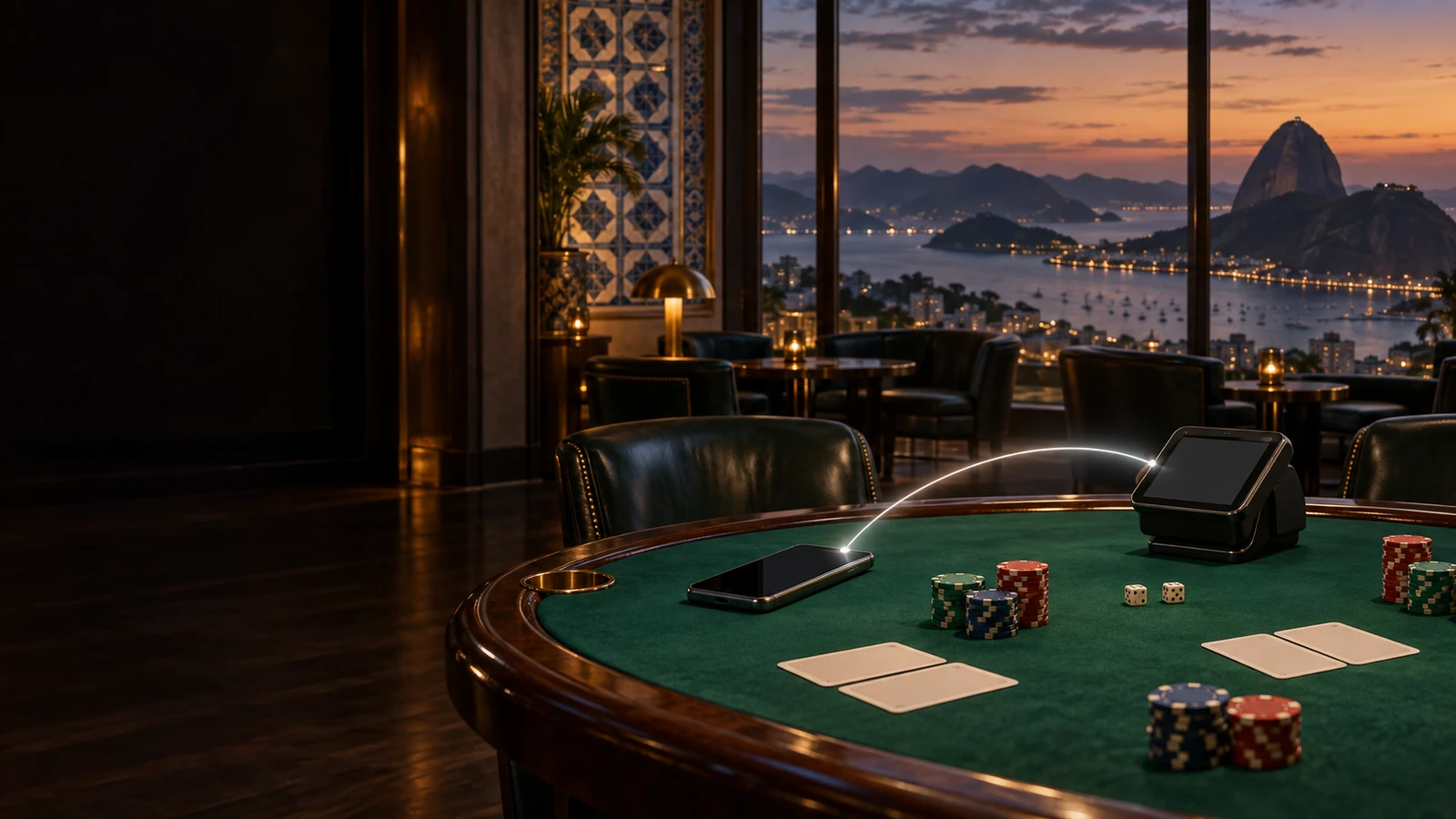 Pix payment scene in an unbranded casino with subtle Brazil architectural and landscape cues.