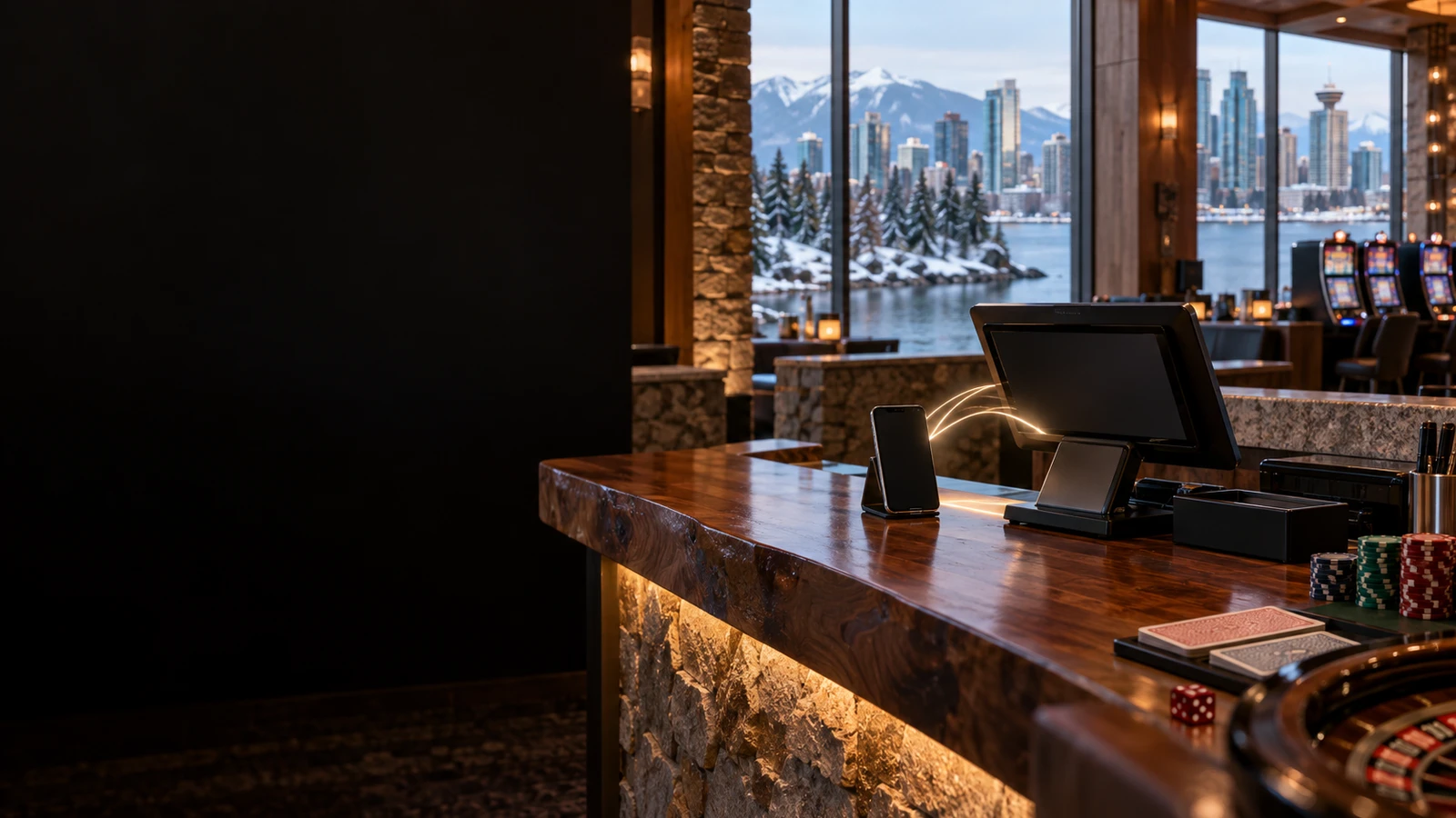 Interac e-Transfer payment moment on a casino floor in Canada with mountain skyline and Canadian architecture cues.