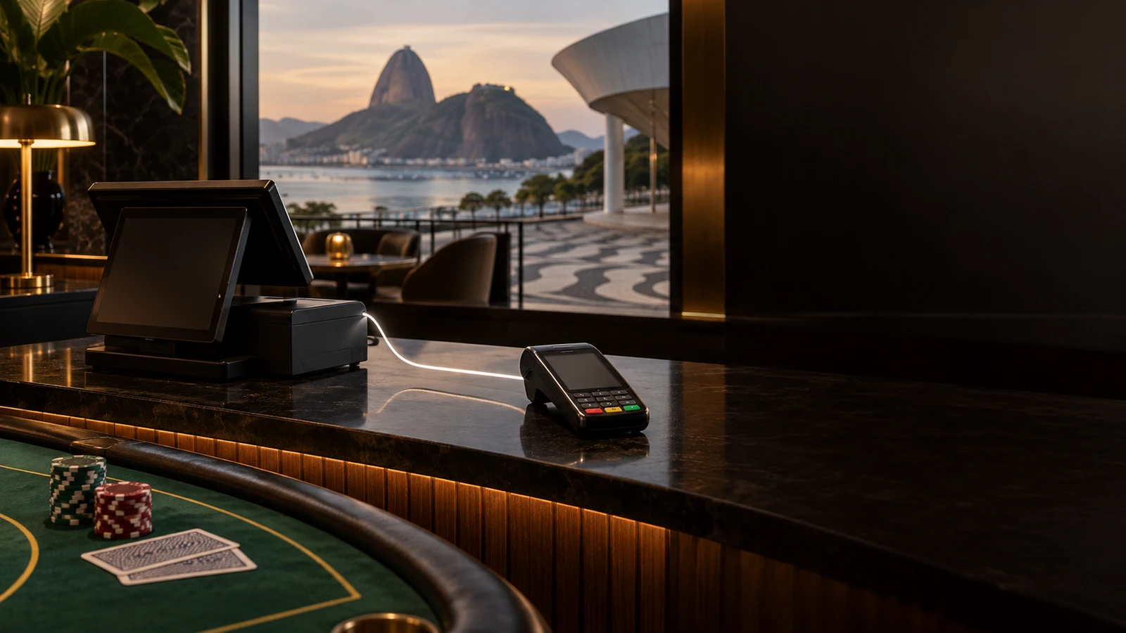 Pix payment scene in an unbranded casino with subtle Brazil architectural and landscape cues.