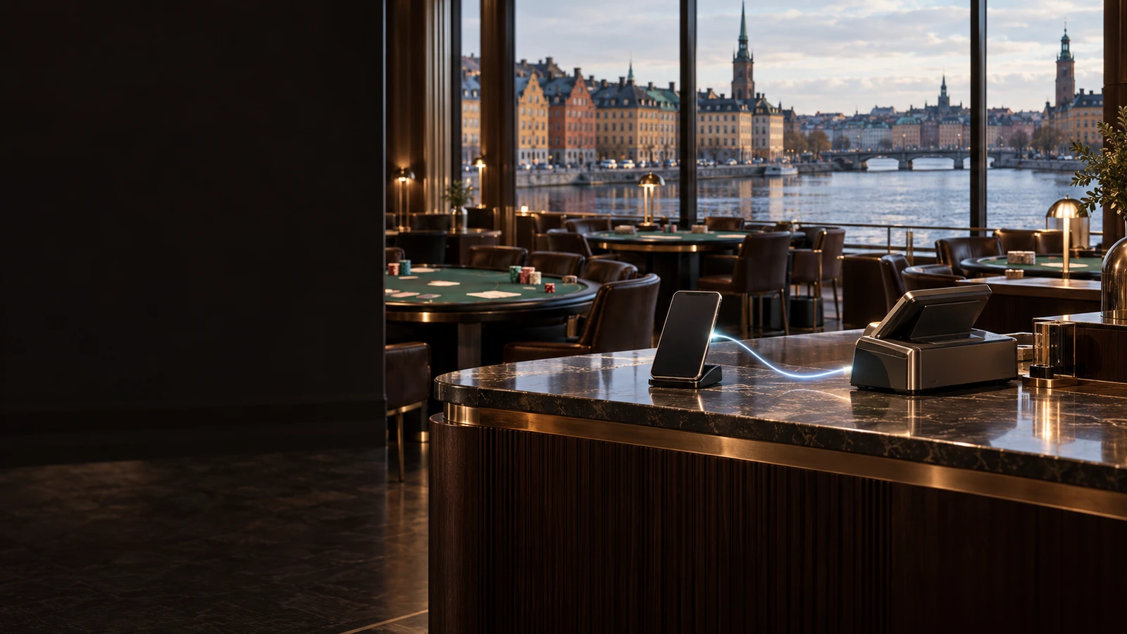 Swish payment scene in an unbranded casino with subtle Sweden architectural and landscape cues.