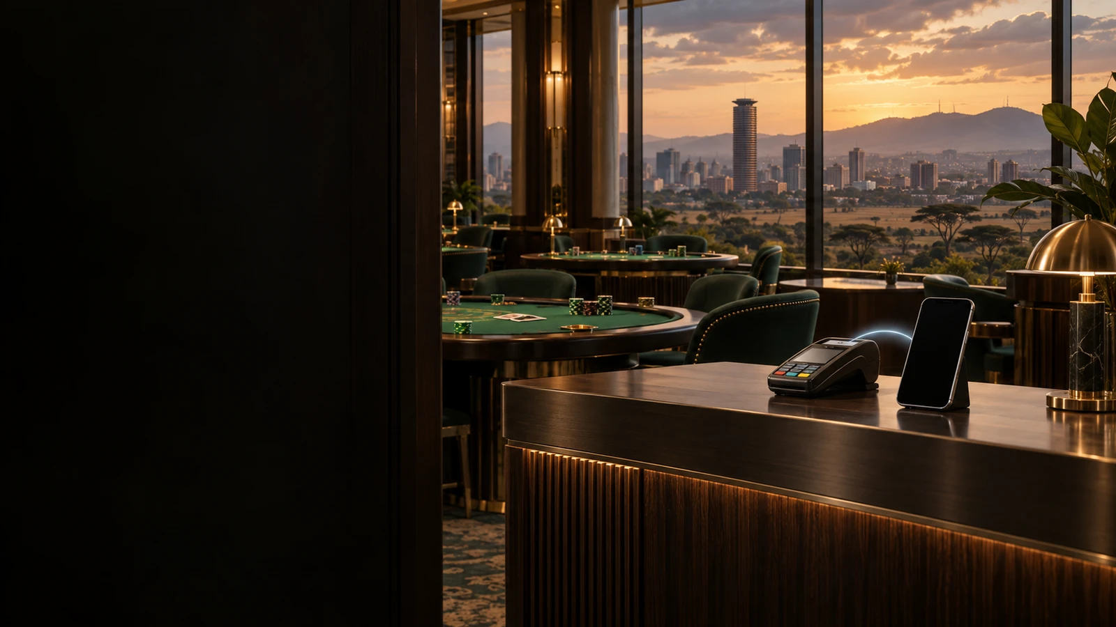 M-PESA payment scene in an unbranded casino with subtle Kenya architectural and landscape cues.