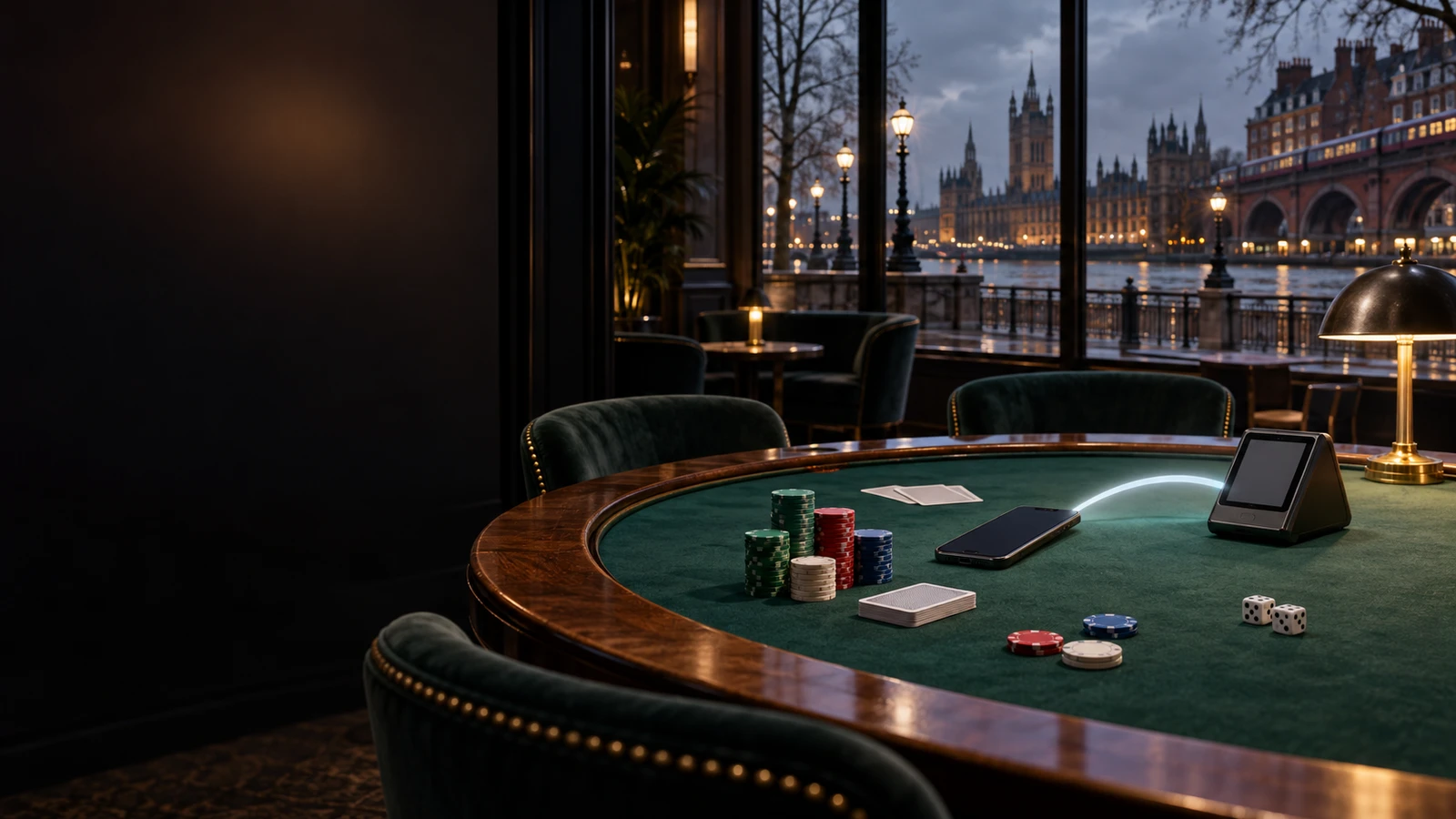 Pay by Bank payment scene in an unbranded casino with subtle United Kingdom architectural and landscape cues.