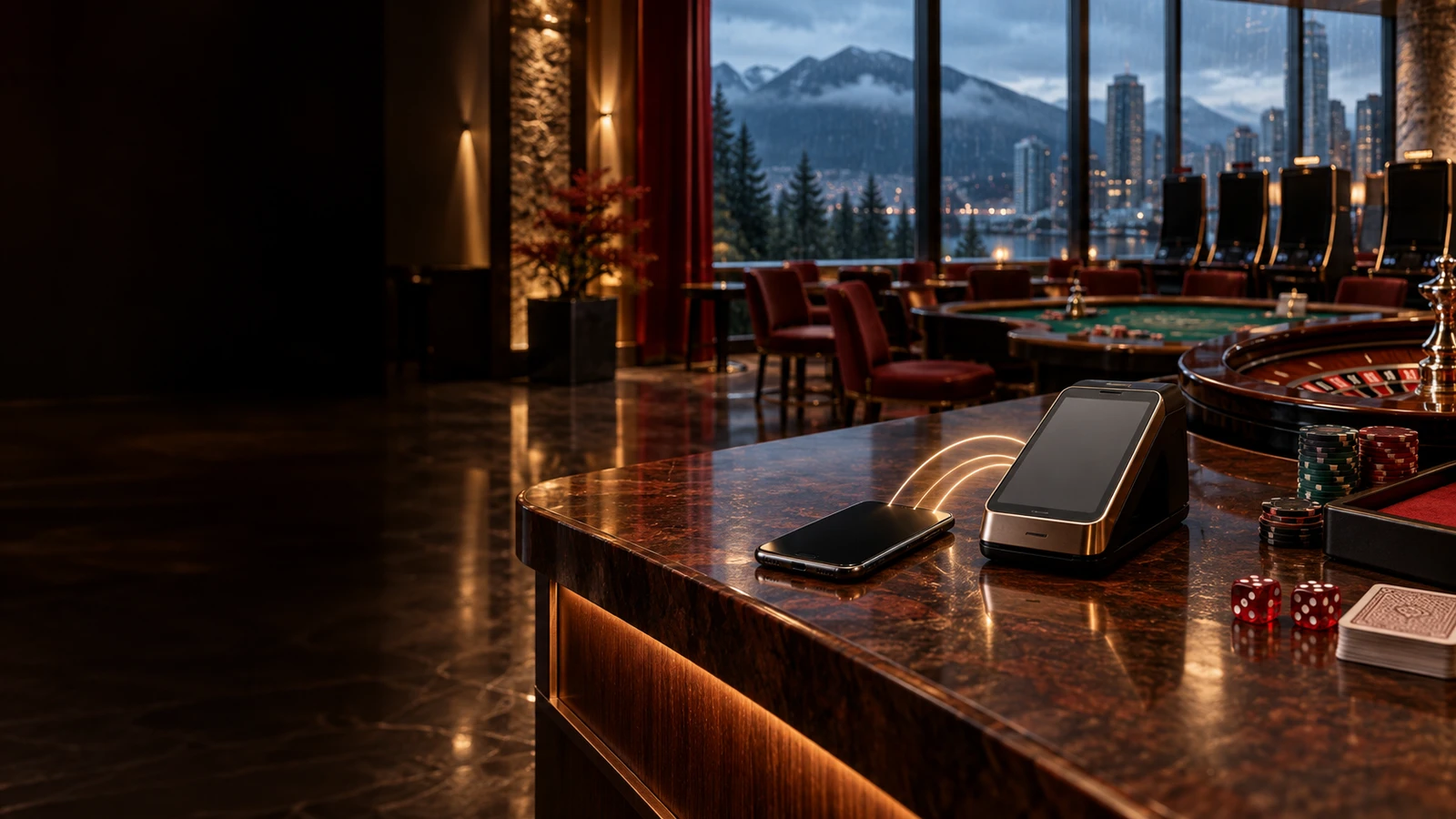 Interac e-Transfer payment scene in an unbranded casino with subtle Canada architectural and landscape cues.