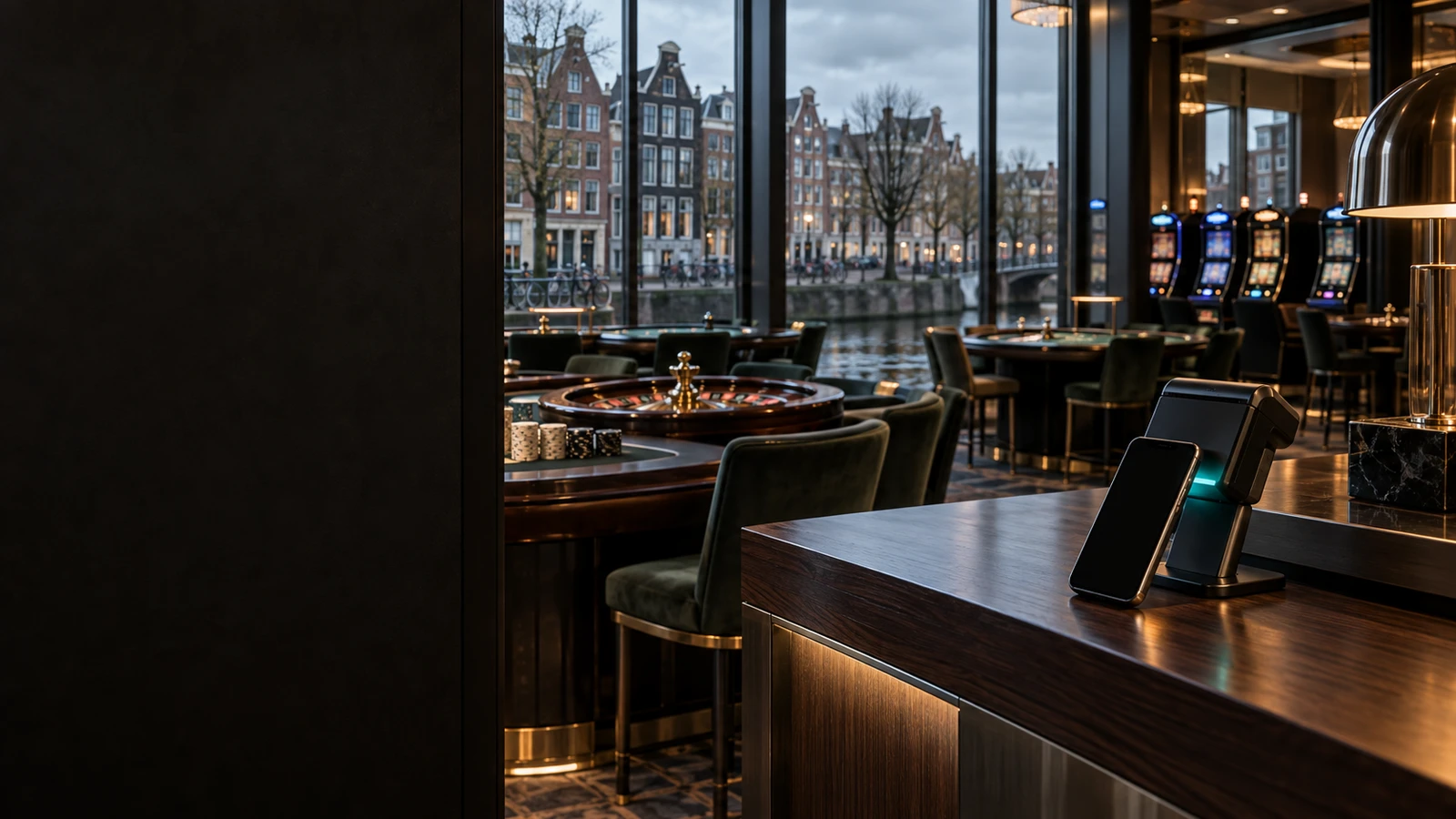 iDEAL and Wero at a Netherlands casino cashier with canal houses and lowland waterway cues.
