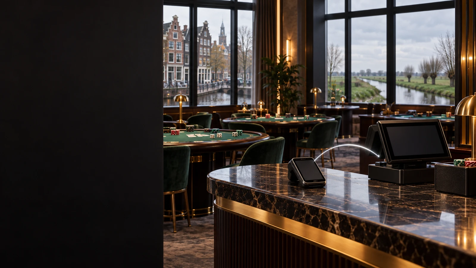 iDEAL payment scene in an unbranded casino with subtle Netherlands architectural and landscape cues.
