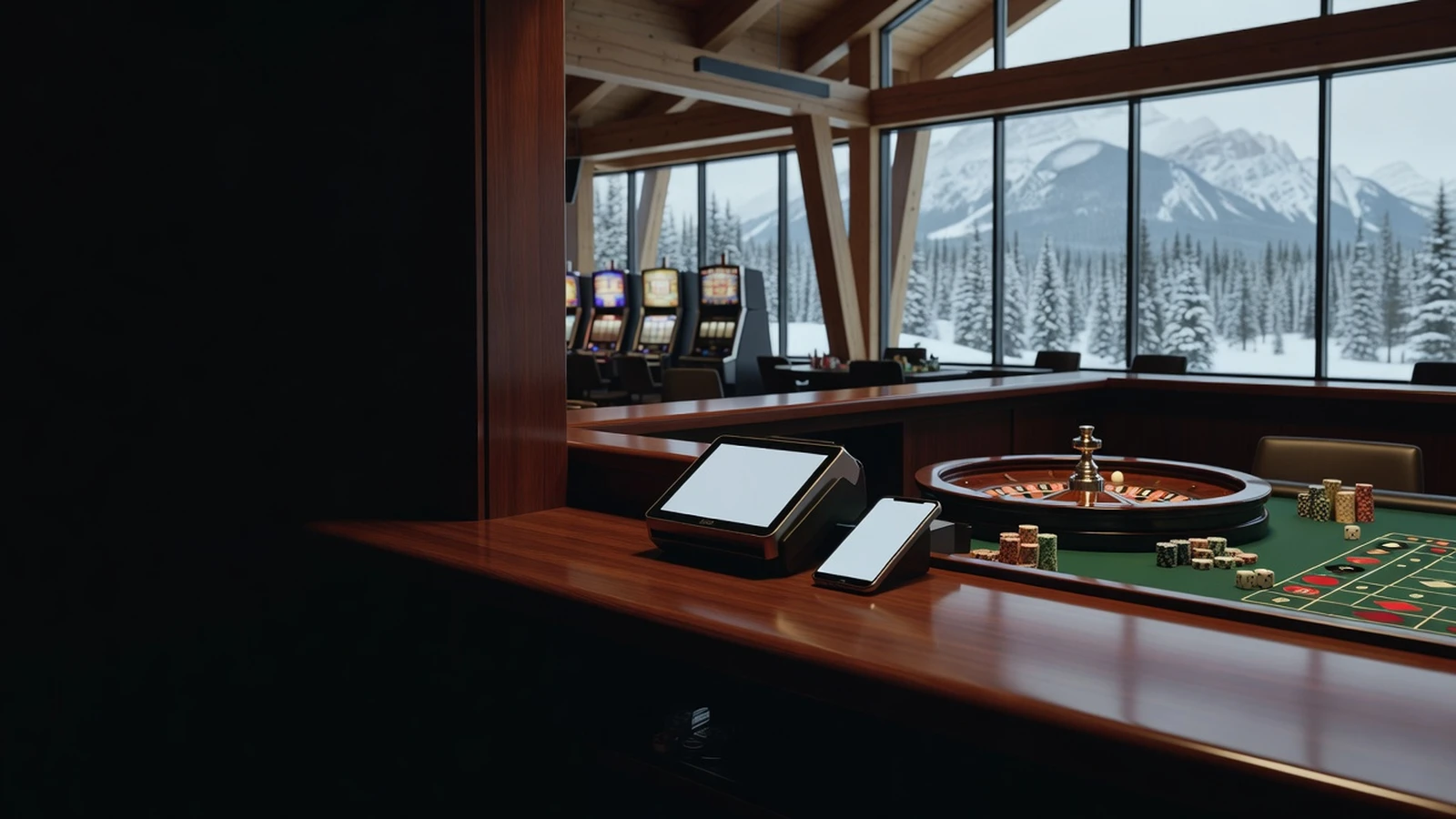 Interac e-Transfer payment moment at a casino cashier in Canada with forested coast and Canadian architecture cues.