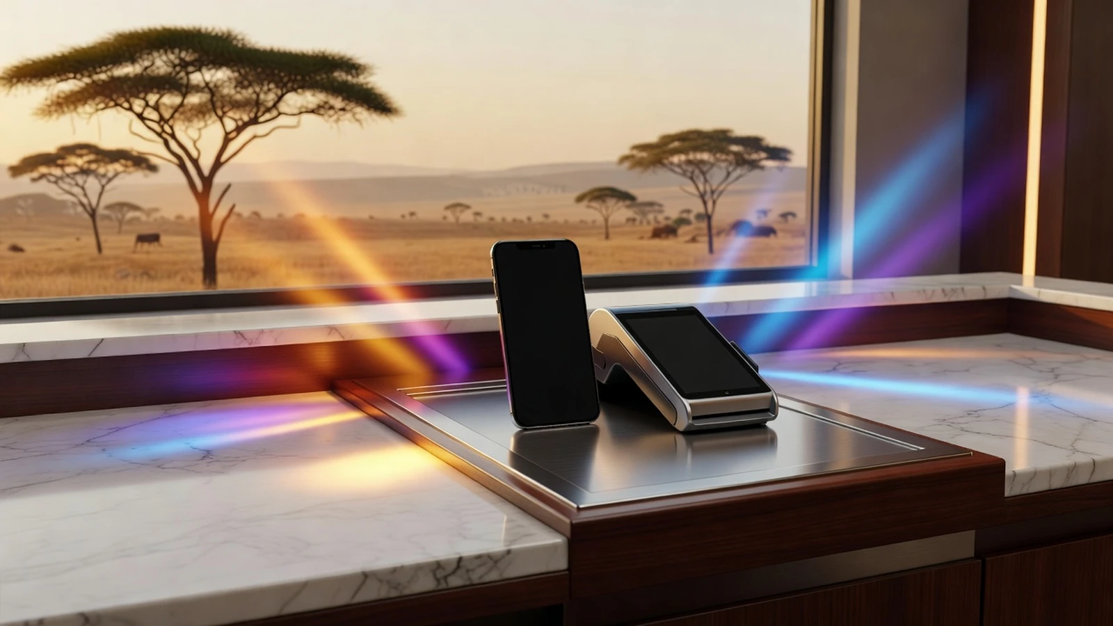 M-PESA mobile payment in a casino setting with subtle Kenya architectural and landscape cues.